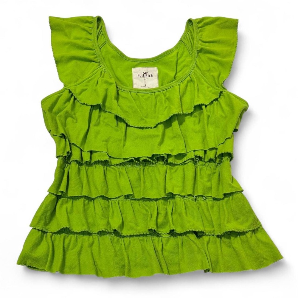 Hollister Tiered Ruffle Tank Top Women's Green Sleeveless Blouse Size L Cotton